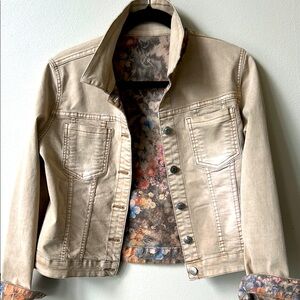 TEMPO PARIS  cropped tan jean jacket reversible floral S